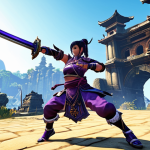 **

A Blade & Soul character gracefully air dashing across a vibrant battle royale landscape, with floating islands and ancient ruins in the background. The character is clad in Epic (Purple) tier armor, wielding a Rare (Blue) tier sword, demonstrating agile movement and combat readiness. Focus on dynamic action and the fusion of martial arts and battle royale elements.

**