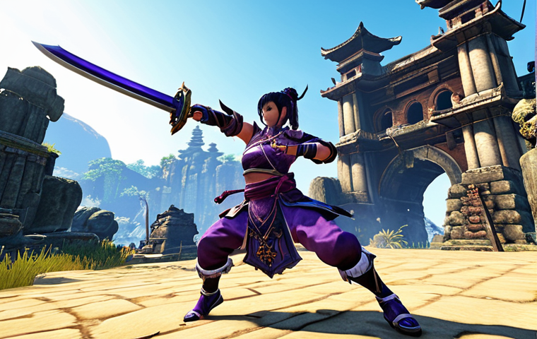 **
A Blade & Soul character gracefully air dashing across a vibrant battle royale landscape, with floating islands and ancient ruins in the background. The character is clad in Epic (Purple) tier armor, wielding a Rare (Blue) tier sword, demonstrating agile movement and combat readiness. Focus on dynamic action and the fusion of martial arts and battle royale elements.
**