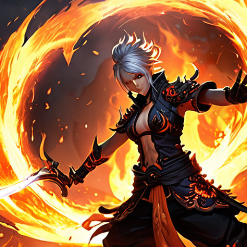 Home 6 **
A Blade & Soul character engulfed in flames, radiating intense heat. The character is in Ember Stance, surrounded by burning enemies. Emphasize the fiery effects and the character's powerful, almost uncontrollable energy. The background should depict a battlefield littered with ash and embers, showcasing the destructive capabilities of the Ember Stance awakening. Style: Dynamic, action-packed, vibrant colors with emphasis on reds, oranges, and yellows.
**