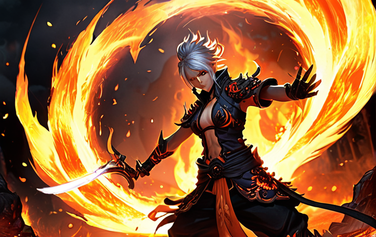 **
A Blade & Soul character engulfed in flames, radiating intense heat. The character is in Ember Stance, surrounded by burning enemies. Emphasize the fiery effects and the character's powerful, almost uncontrollable energy. The background should depict a battlefield littered with ash and embers, showcasing the destructive capabilities of the Ember Stance awakening. Style: Dynamic, action-packed, vibrant colors with emphasis on reds, oranges, and yellows.
**