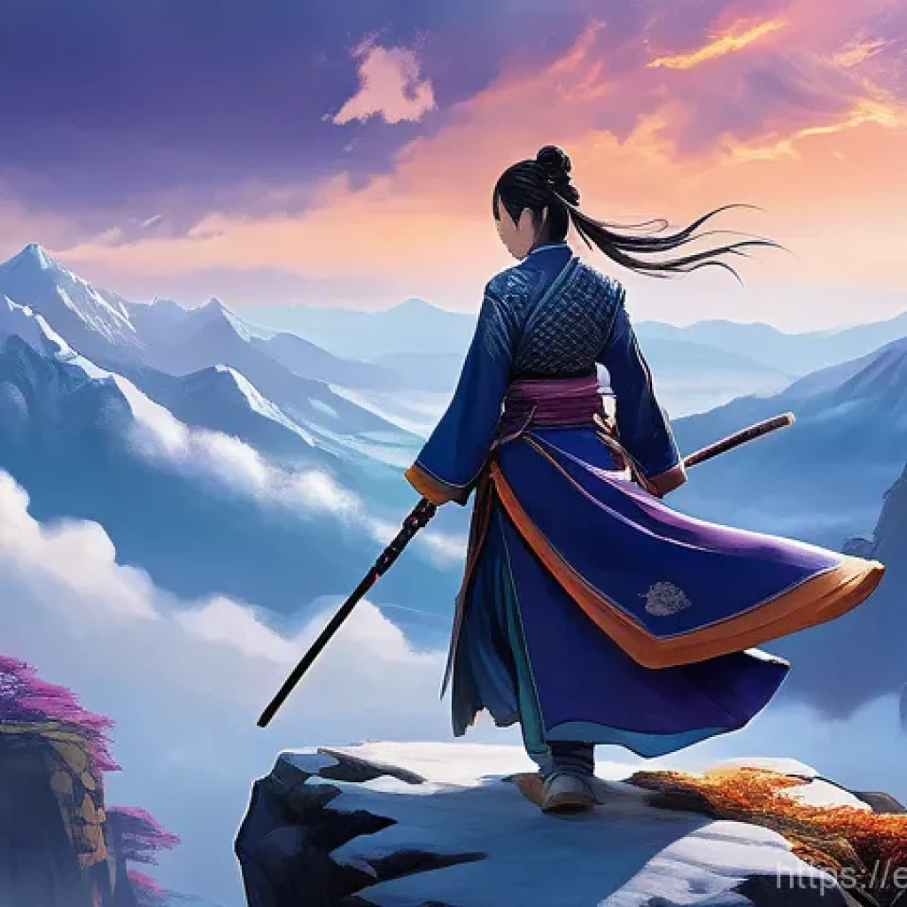 블레이드앤소울 단독 플레이 가능 콘텐츠 - **"Ethereal Ascent: Lone Martial Artist in a Mystical Landscape"** "A stunning, wide-angle shot ...