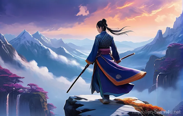 블레이드앤소울 단독 플레이 가능 콘텐츠 - **"Ethereal Ascent: Lone Martial Artist in a Mystical Landscape"** "A stunning, wide-angle shot ...