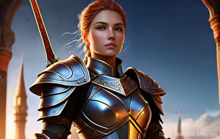 블레이드앤소울 장신구 세팅 최적화 - **A highly skilled female fantasy warrior, approximately 25-30 years old, in a dynamic battle stance...