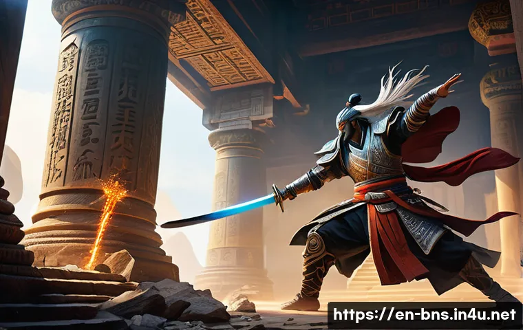 블레이드앤소울 메인 스토리 요약 - A dynamic scene depicting a fierce battle between a Blade Master clan warrior and a mystical Windwal...