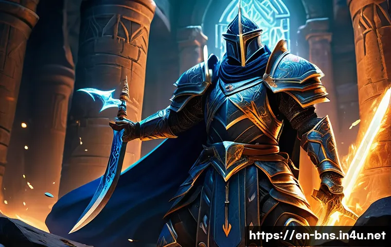 블레이드앤소울 파티 조합 필수 공략 - A dynamic fantasy raid party scene set in an ancient mystical dungeon: a heavily armored tank wieldi...