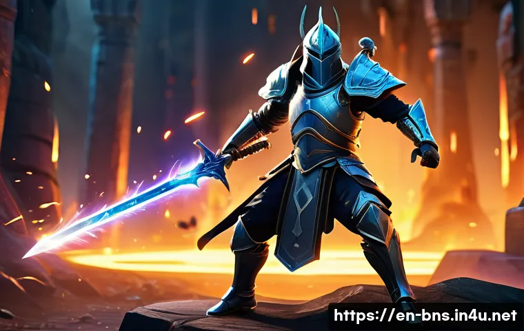 블레이드앤소울 PVP 필수 아이템 - A dynamic PvP warrior poised in mid-combat stance wielding a sleek, enchanted greatsword glowing wit...