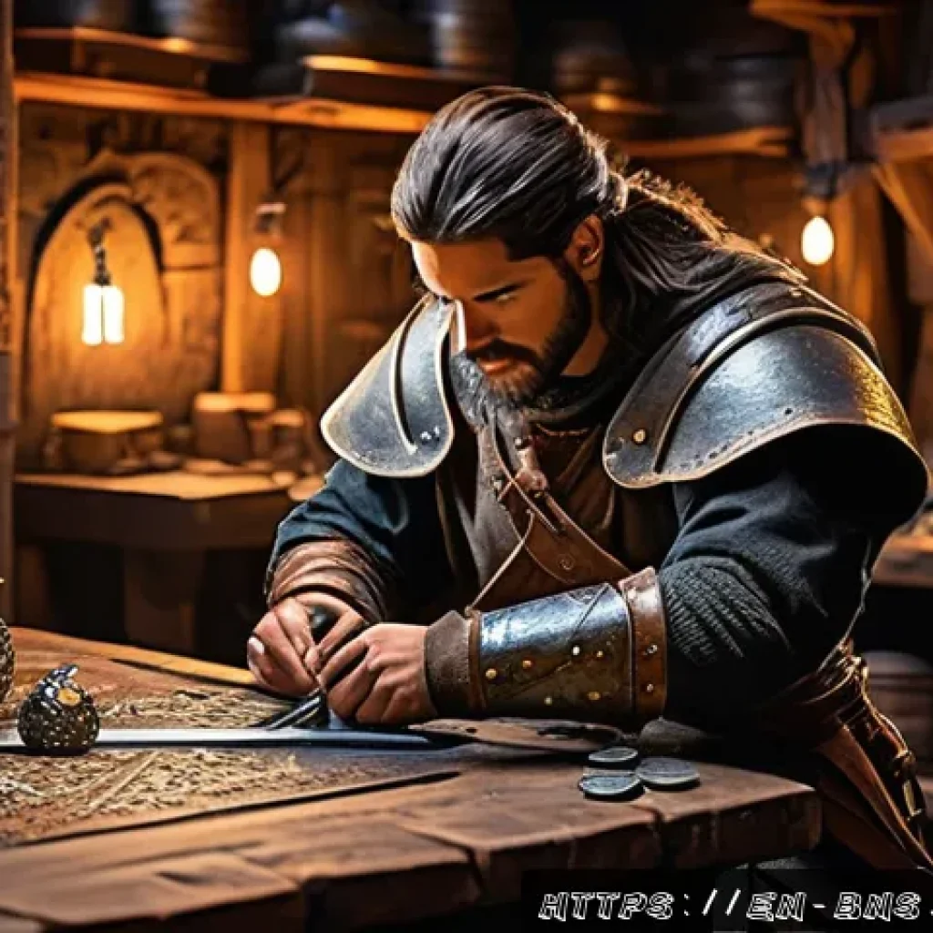 블레이드앤소울 장비 진화 비용 계산 - A detailed fantasy RPG blacksmith&rsquo;s workshop filled with glowing evolution stones, rare catalysts, a...