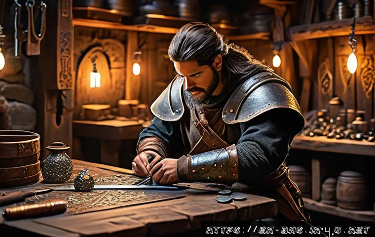 블레이드앤소울 장비 진화 비용 계산 - A detailed fantasy RPG blacksmith&rsquo;s workshop filled with glowing evolution stones, rare catalysts, a...