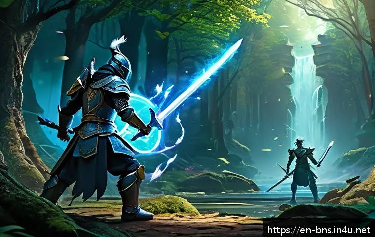 블레이드앤소울 AI 동료 활용법 - A dynamic fantasy battle scene featuring a skilled warrior and their AI companion fighting side by s...