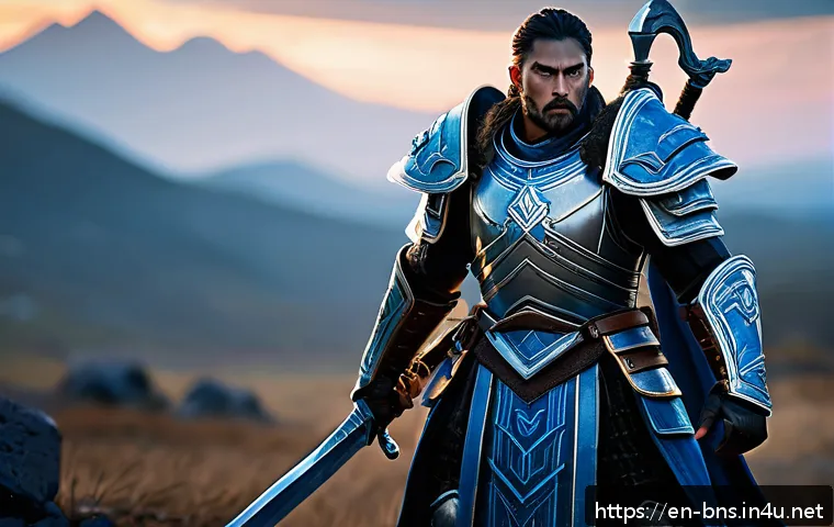 블레이드앤소울 경쟁전 추천 스펙 - A dynamic PvP warrior character wielding a massive greatsword, clad in mid-tier heavy armor featurin...