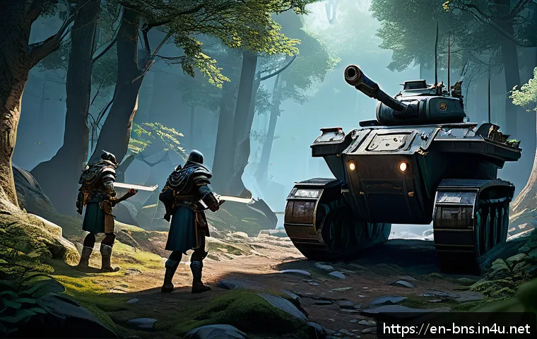 블레이드앤소울 장신구 드랍 지역 - A dynamic fantasy game scene depicting a group of four diverse adventurers—tank, healer, DPS, and su...