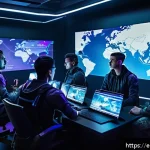 Home 21 블레이드앤소울 클랜 콘텐츠 가이드 - A dynamic, futuristic gaming clan meeting scene inside a high-tech virtual war room. Diverse group o...