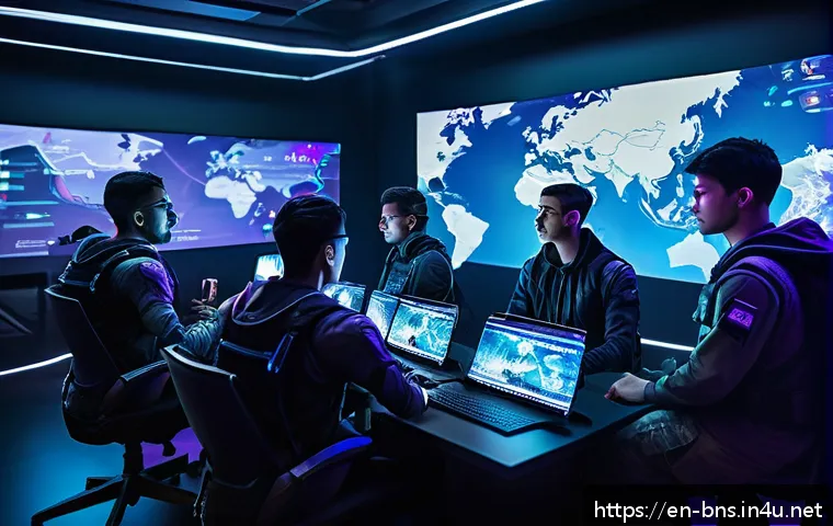 블레이드앤소울 클랜 콘텐츠 가이드 - A dynamic, futuristic gaming clan meeting scene inside a high-tech virtual war room. Diverse group o...