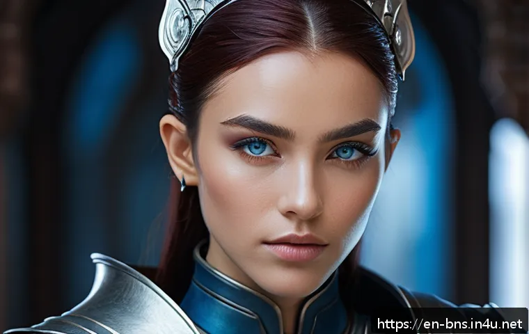 블레이드앤소울 캐릭터 커스터마이징 - A detailed portrait of a fantasy female warrior with asymmetrical sharp eyes&mdash;one eye slightly larger...