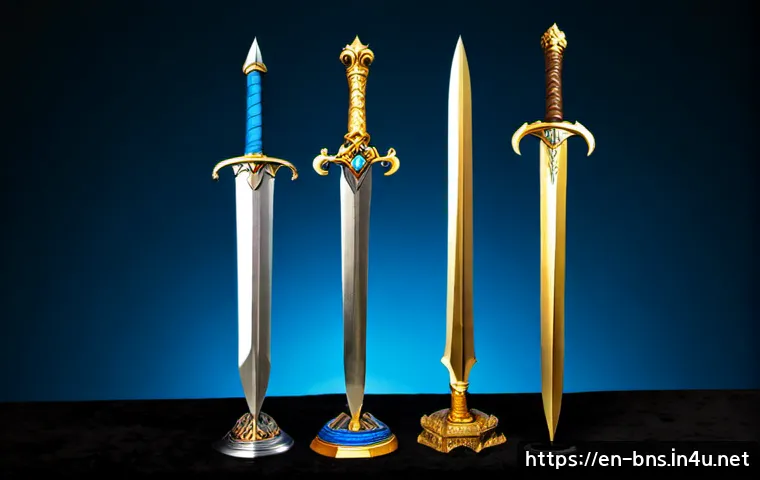 Home 17 블레이드앤소울 무기 등급 정리 - Photorealistic fantasy game equipment comparison scene, four ornate melee weapons arranged from simp...