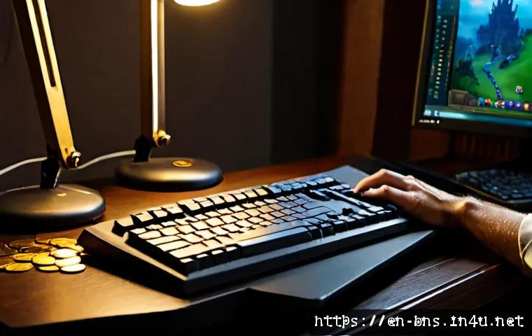 Home 17 블레이드앤소울 화폐 수급 방법 - Photorealistic fantasy gaming desk scene, mature player’s hands using a keyboard and mouse beside a ...
