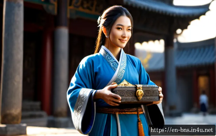 Home 17 블레이드앤소울 NPC 친밀도 보상 - Photorealistic high-fantasy game scene, a graceful warrior NPC in ornate blue-and-silver robes warml...