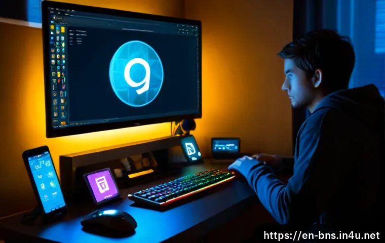 블레이드앤소울 거래소 사용법 - Photorealistic gamer using a desktop computer at a tidy home desk, glowing fantasy MMORPG marketplac...