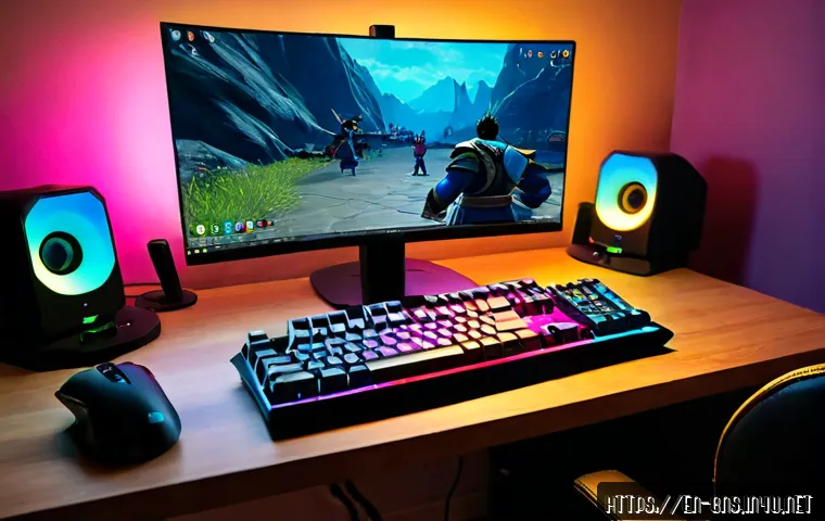 블레이드앤소울 최적 세팅 가이드 - Photorealistic gaming desk setup for optimizing a fantasy MMORPG, widescreen monitor showing an indi...